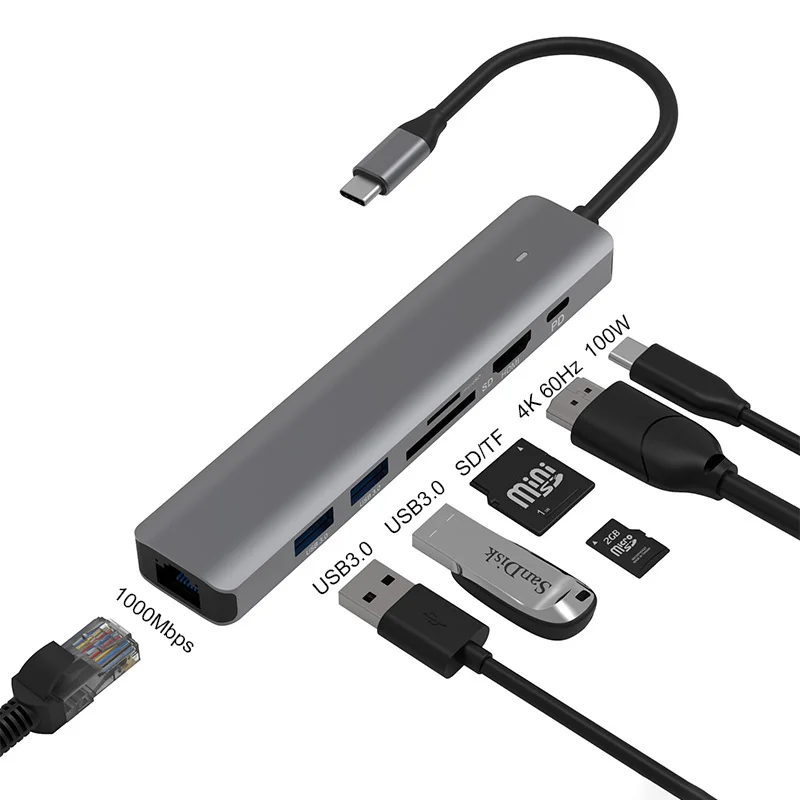 hit productAdapter RJ45 Adapter Hub Multi-Function 7 In 1 Type C USB to 4K HDTV TF SD Card Reader USBC Hub with USB C PD Chargin