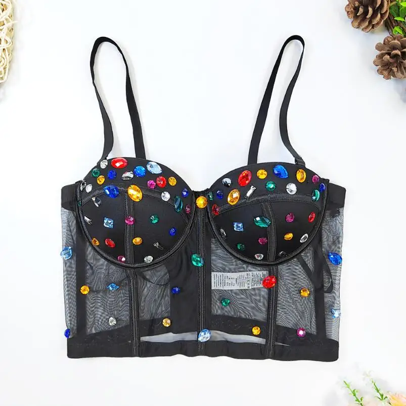 Hot Girl Sexy Cross Lace perspective Camisole Women Outer Wear Bra Design Heavy Beads Colorful Diamond Sleeveless Top p1053