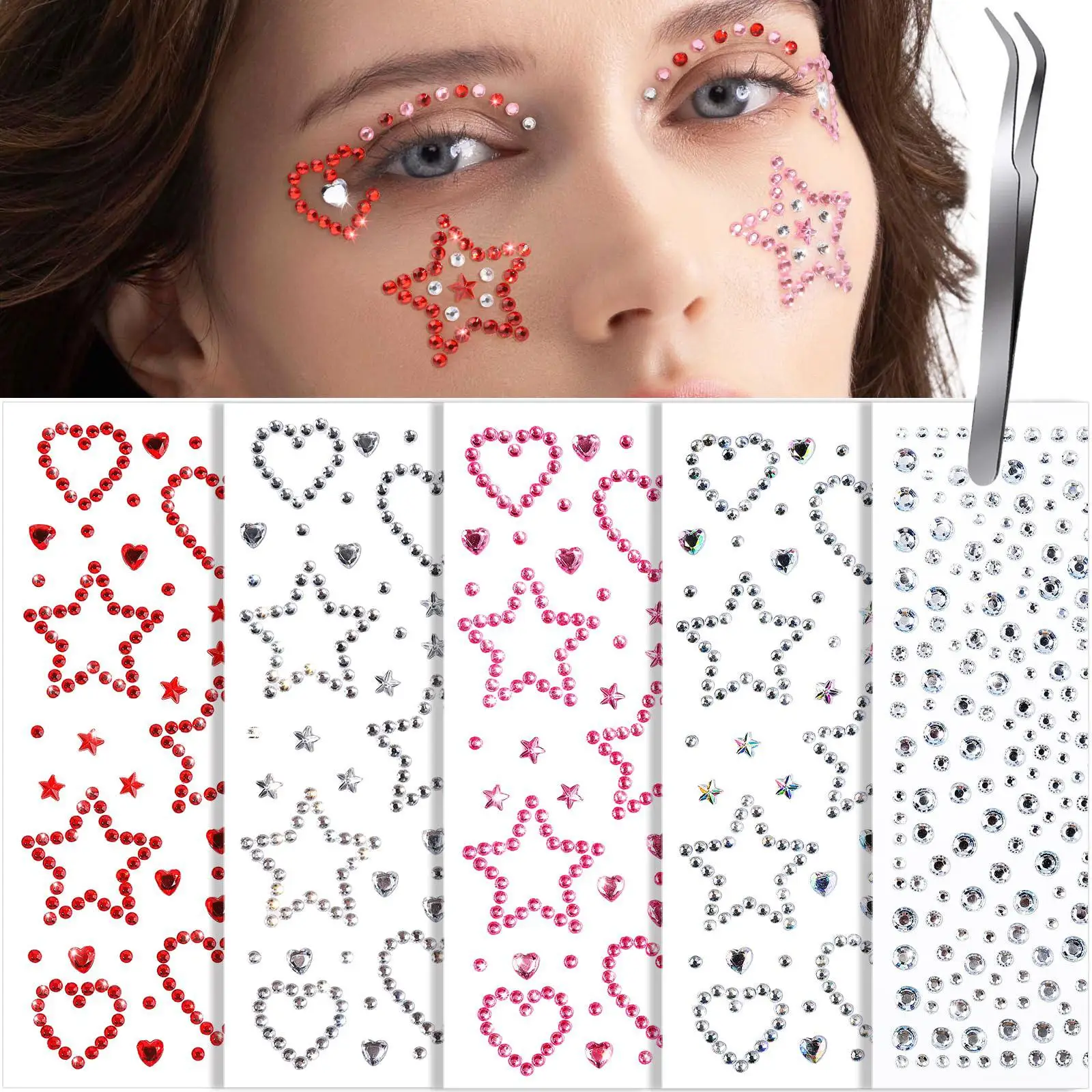 Face Gems Face Rhinestones Star Heart Self Adhesive Hair Gems Festival Jewels Stickers Stick on Rave Accessories Face Jewels