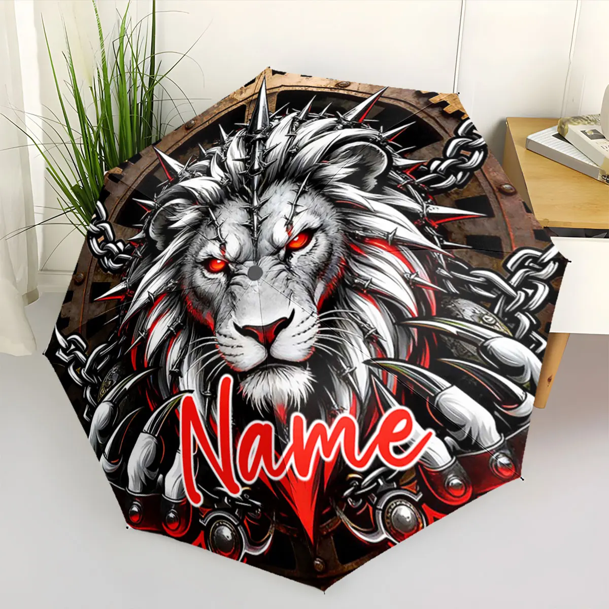 Custom Name Umbrella Fierce Lion Design Umbrella Print 8 Iron Ribs Folding Umbrella Auto-Open Fashion Sunshade