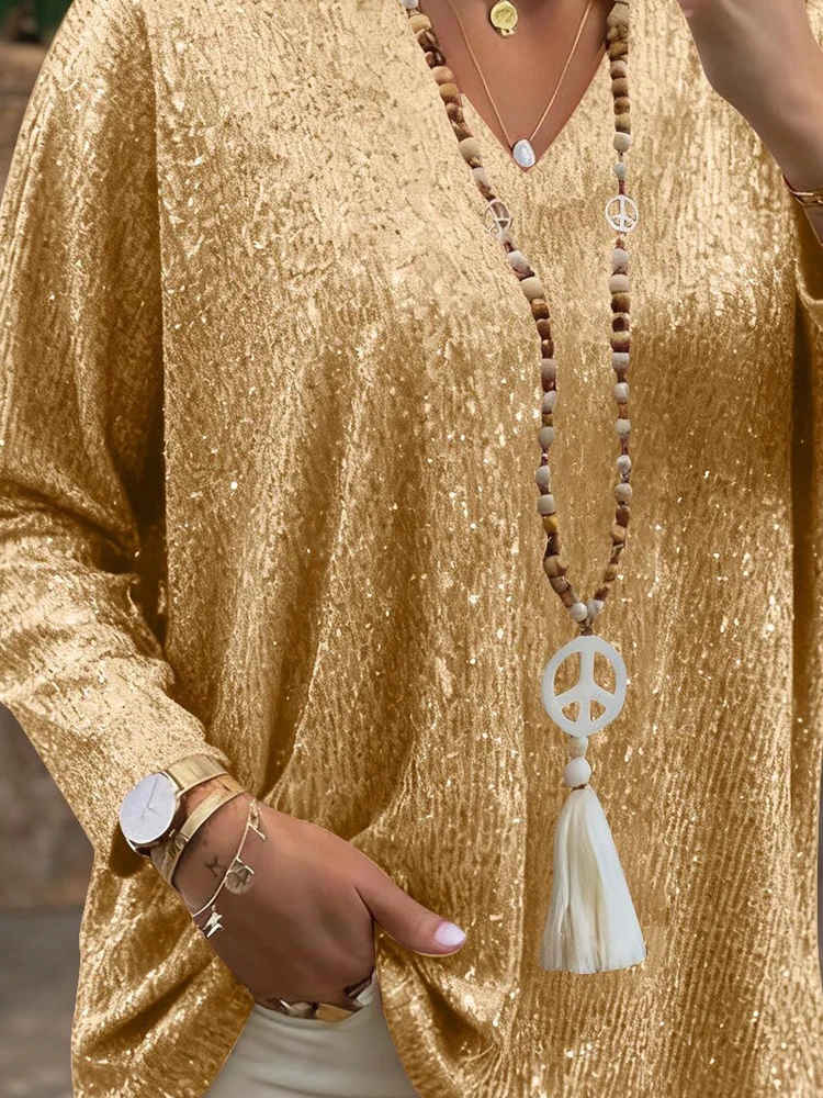 

Women's Elegant V-neck Long Sleeve Solid Color Pullover Casual Hight Street Loose Shirts Fashion Shiny Sequins Commuter Blouse