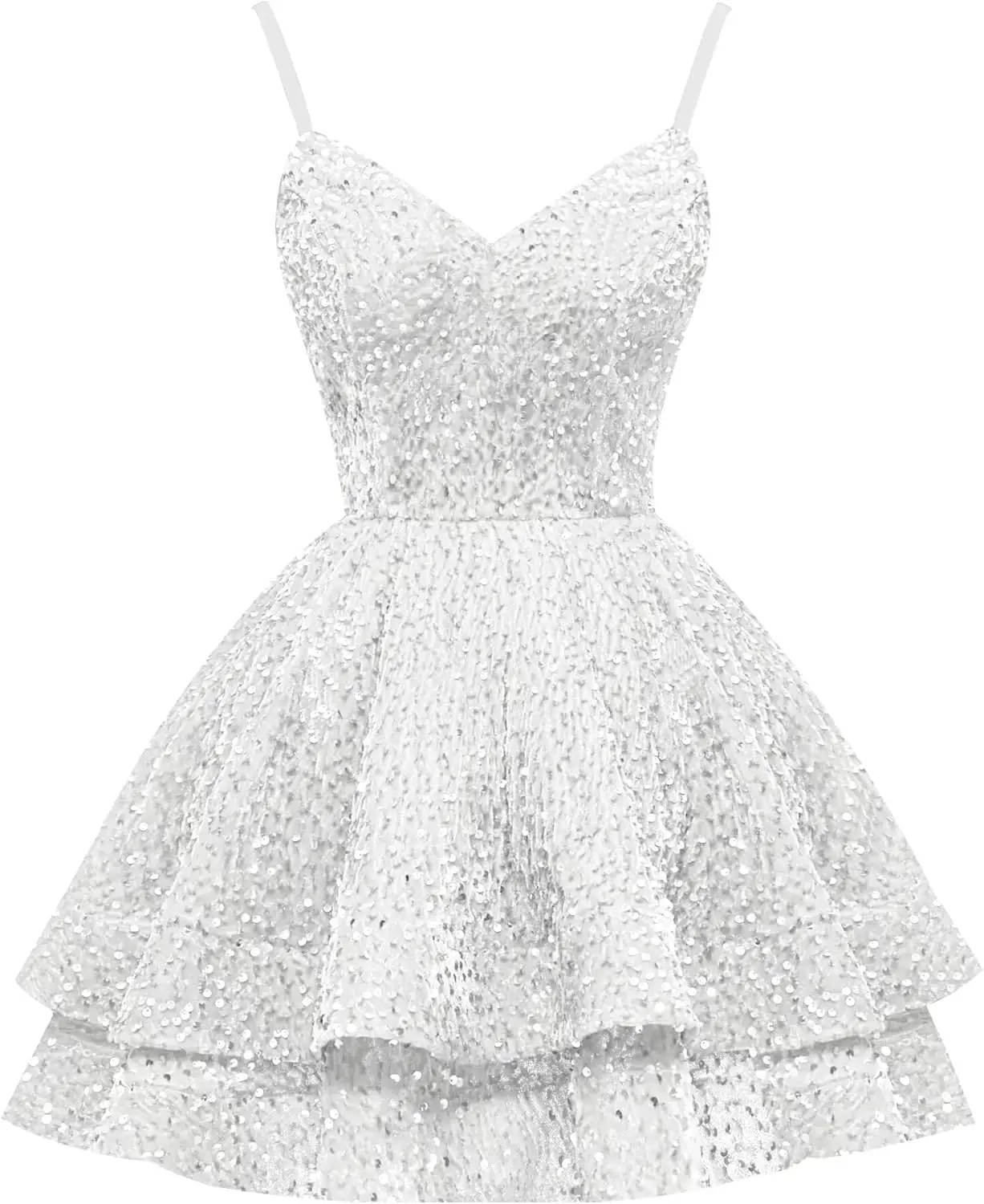 

Short Homecoming Dresses 2026 Sparkly Sequin Tiered Ball Gown Spaghetti Straps V-Neck Corset Prom Dress Evening Gowns