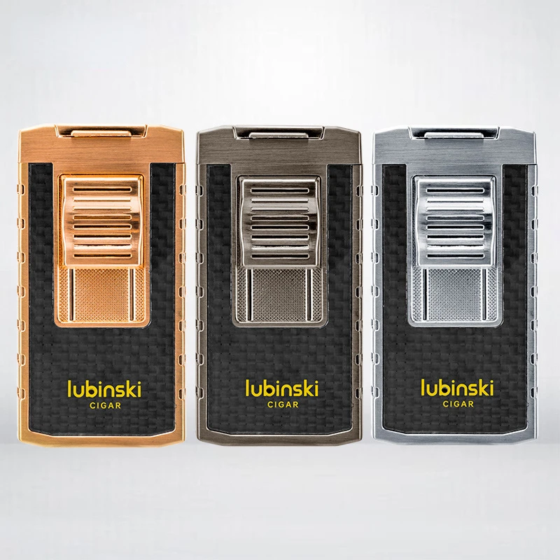 LUBINSKI Torch Lighter Windproof 2 Jet Gas Cigar Lighter Top Cigar Holder Smoking Gift Set With Lighters Case