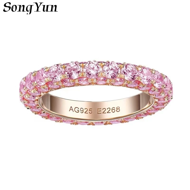 SONGYUN High Carbon Gemstones Jewelry 925 Sterling Silver Rose Gold Plated Women Ring Three Sided Multi Row Paved Pink CZ