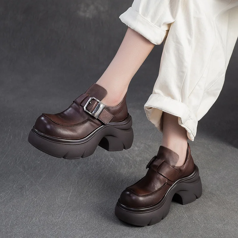 7.5cm Retro Platform High-heeled Loafers Spring Autumn New Platform Soft Leather Sole Mother's Shoes Small Leather Shoes