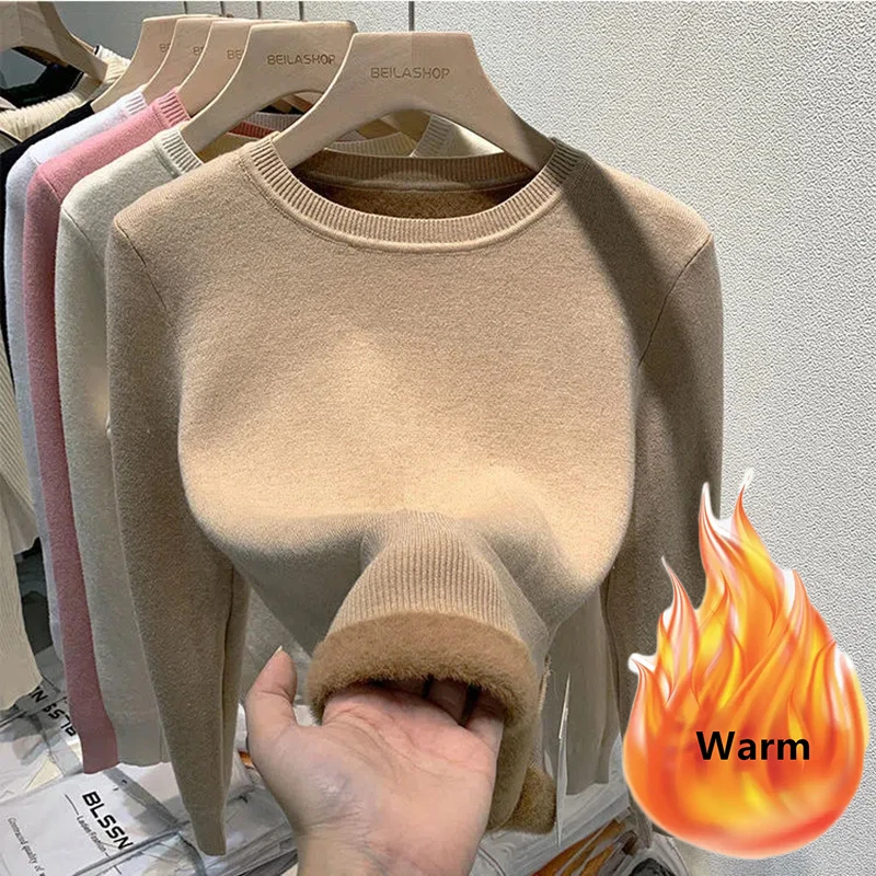 Women's O-neck Plus Velvet Thicken Sweaters Winter Slim Warm Long Sleeve Knitted Tops Casual Plush Fleece Lined Soft Pullover