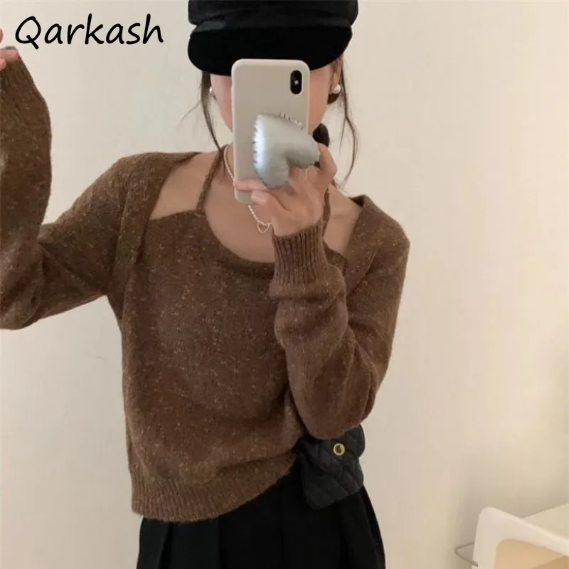 Pullovers Women Autumn Winter Halter Korean Style  Fake 2pcs Temperament Design Chic Casual Solid All-match Knitted Basic New