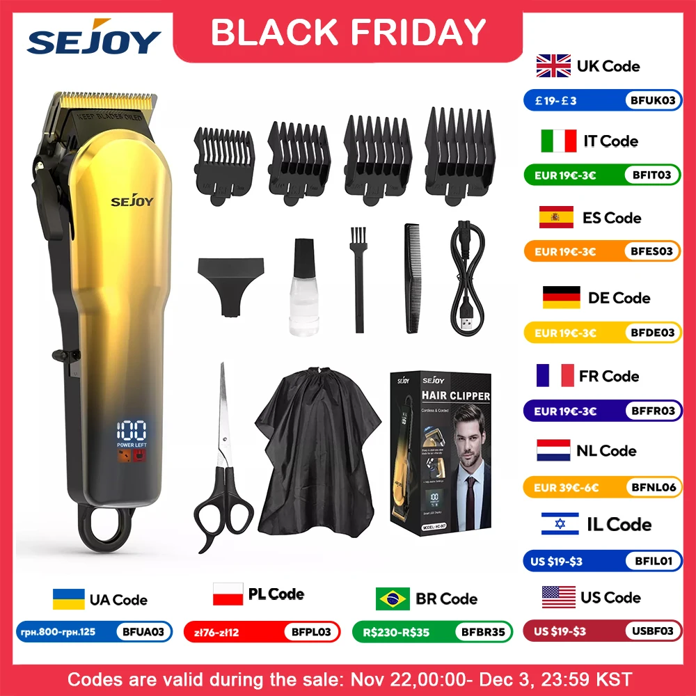 Sejoy profissional máquina de corte de cabelo kit de corte de cabelo sem fio barbeiro conjunto com display led clippers de cabelo para homem