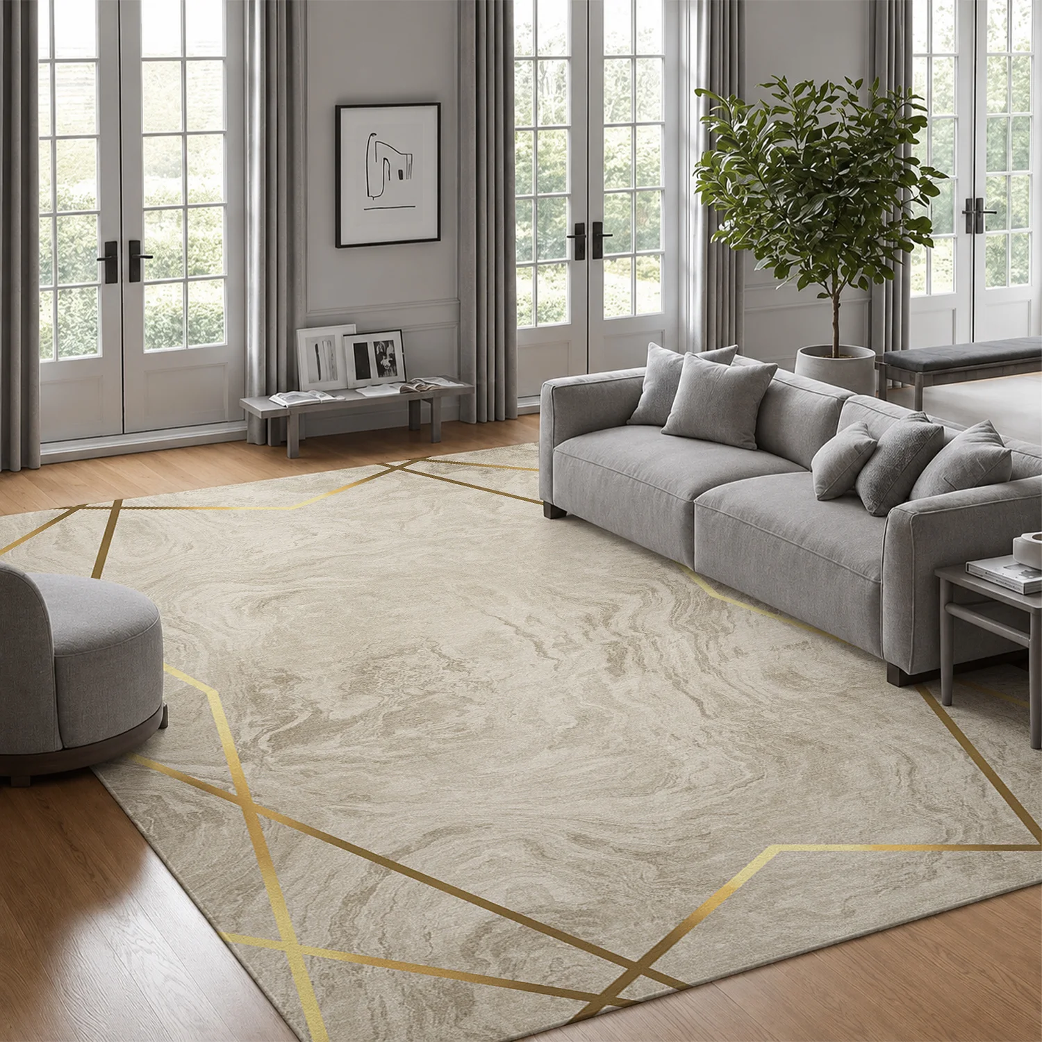 Large Indoor Area Rug, Soft Velvet Low Pile Rug with Non-Slip Dotted Backing, Machine Washable Beige Gold Geometric Marble Pattern Floor Rug for Living Room, Bedroom, Home Decor
