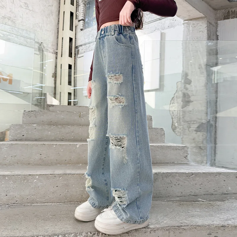 Cowgirl Ripped Jeans With Hole Kids Girls Casual Style Destroyed Denim Pants Spring Autumn Child High Street Clothes 5 to 14 Y