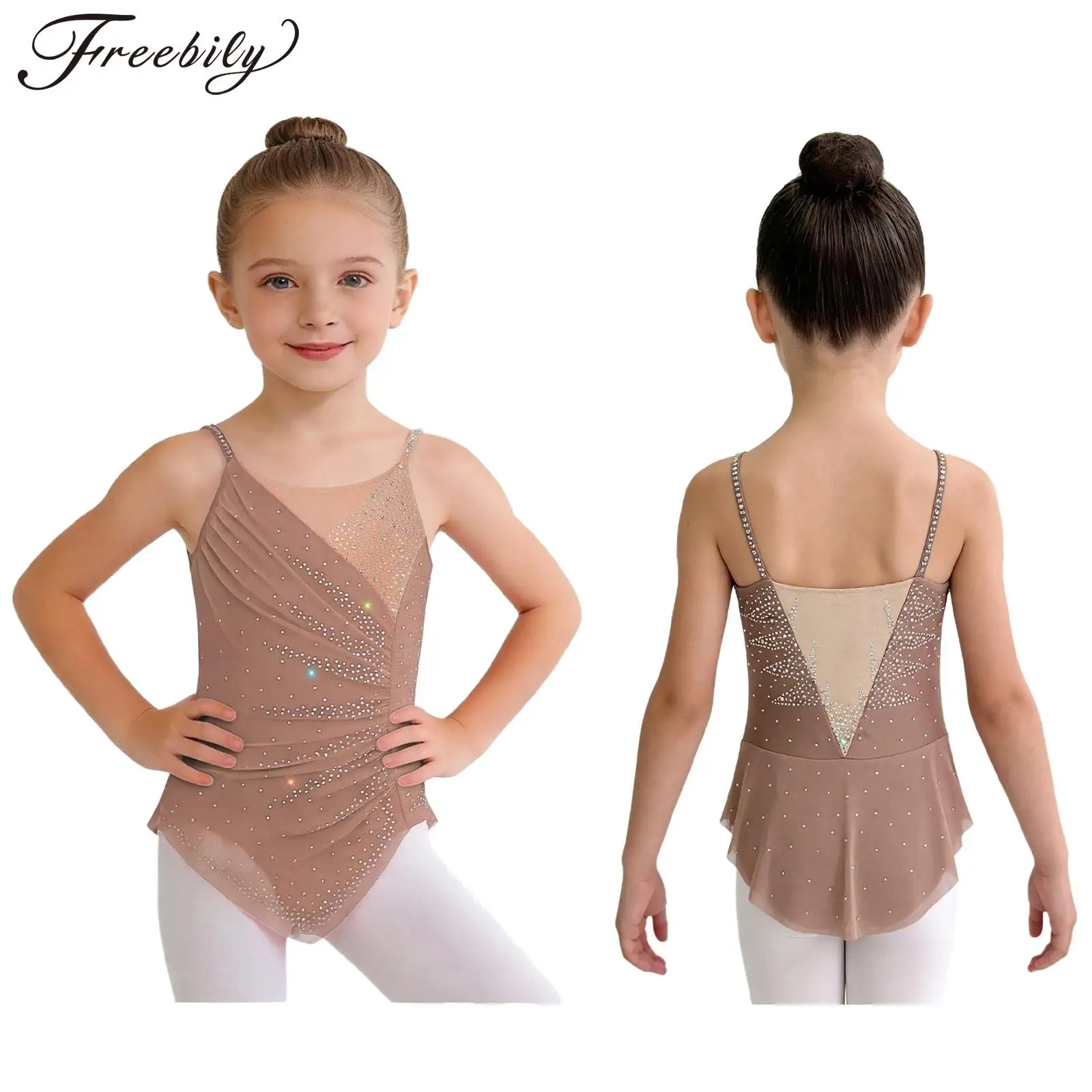 Kids Girls Rhythmic Gymnastics Ballet Dance Costume Spaghetti Straps Ruched Mesh Shiny Rhinestones Figure Skating Dress Leotard