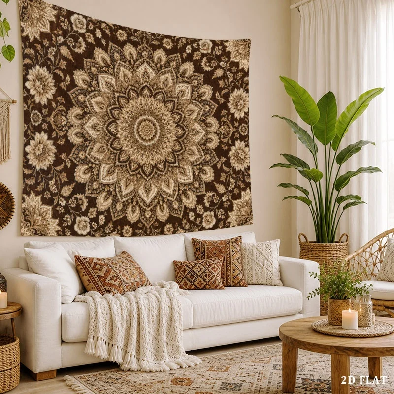 Brown Boho Chic Floral Mandala Tapestry, 100% Polyester Wall Decor for Cozy Home, Living Room, and Bay Window