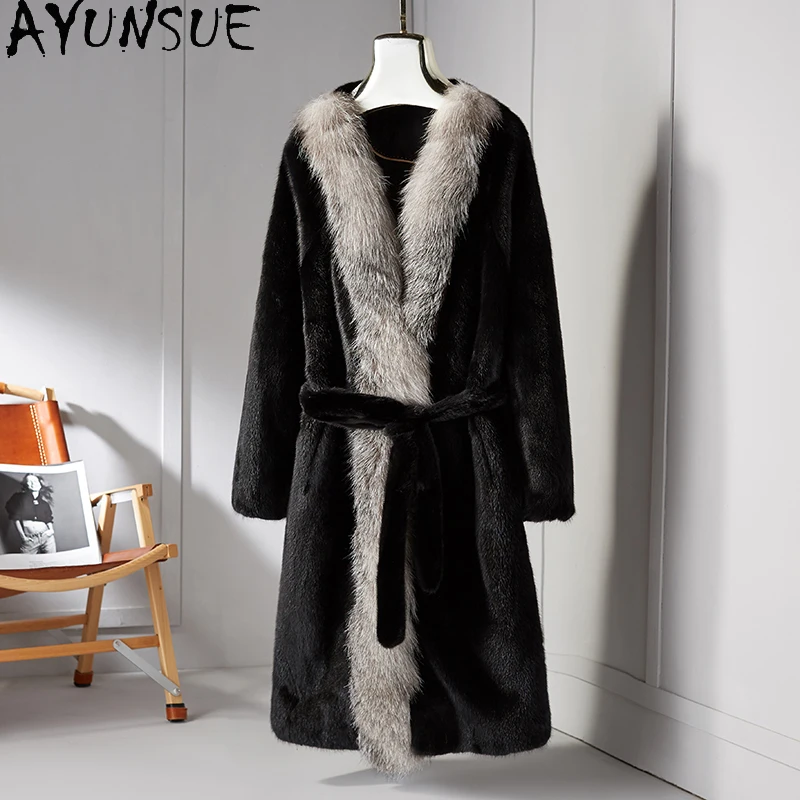 

AYUNSUE Mink Fur Coat for Woman Long Fur Coat Winter Coats for Woman Fox Fur Collar High Street Fashion Woman Clothes Ropa Mujer