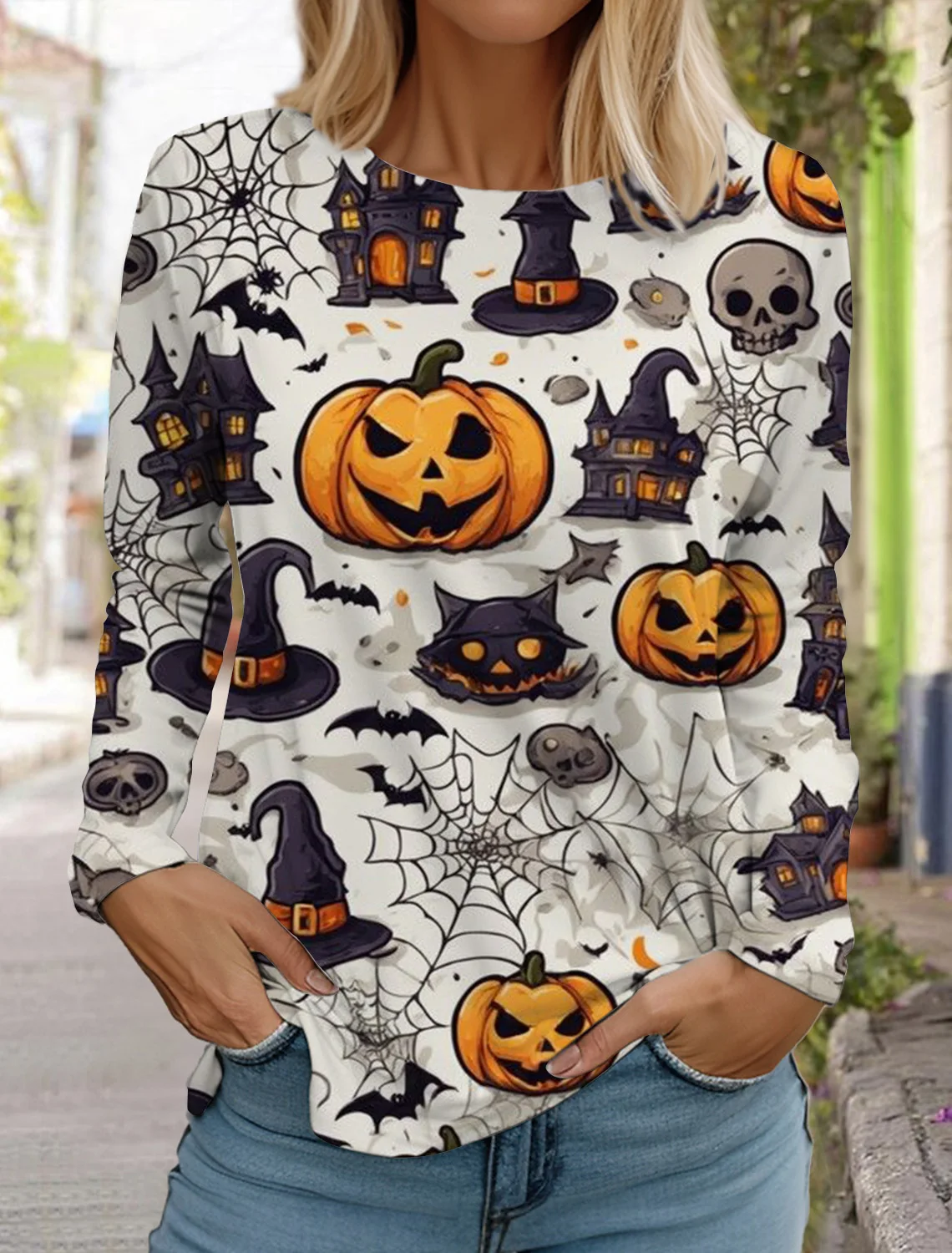 2024 Halloween damska koszulka z długim rękawem śliczna głowa dyni 3D wzór T Shirt moda jesienna top damski pulower w stylu Harajuku odzież