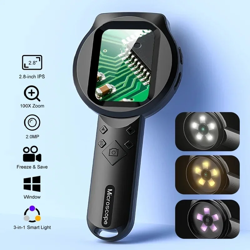 2.8'' IPS Digital Magnifier HD 1080P 100X Portable Microscope Handheld Mignifying Glass for Electronics Repair Check Jewelry