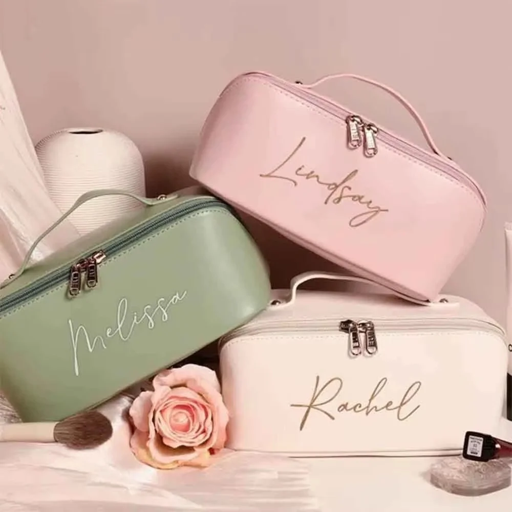 Personalized Name Large Capacity PU Makeup Bag Cosmetic Pouch Bridal Shower Bridesmaid Gift For Women