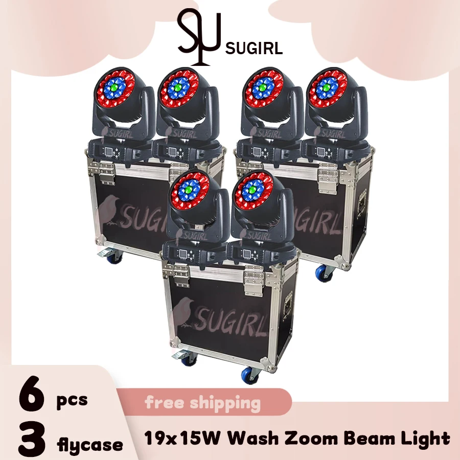 

0 налог 6 шт. Dmx512 19X15W Led Wash Zoom Rgbw движущаяся головка светильник 3 дорожная фотография