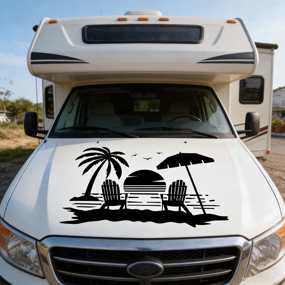 Palm Tree And Beach Camping Wall Sticker For Camper Van SUV Motorhome Decoration Caravan RV Decor Decal Accessories Car Sticker
