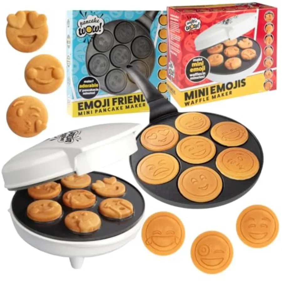 絵文字朝食2パックミニ電気ワッフルメーカーとノンスティックパンケーキパン、簡単なセットアップと掃除で楽しい絵文字顔を作成 I