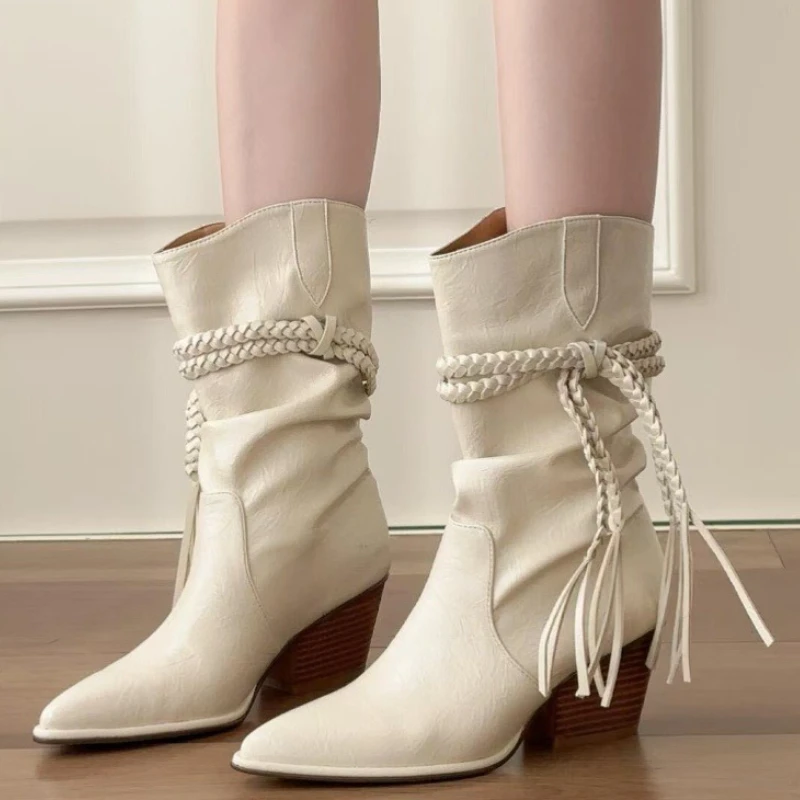 

Ковбойские сапоги до середины икры с кисточками, женские зимние ботинки 2026, новые белые кожаные ботинки на платформе с острым носком на массивном каблуке, Botas Mujer