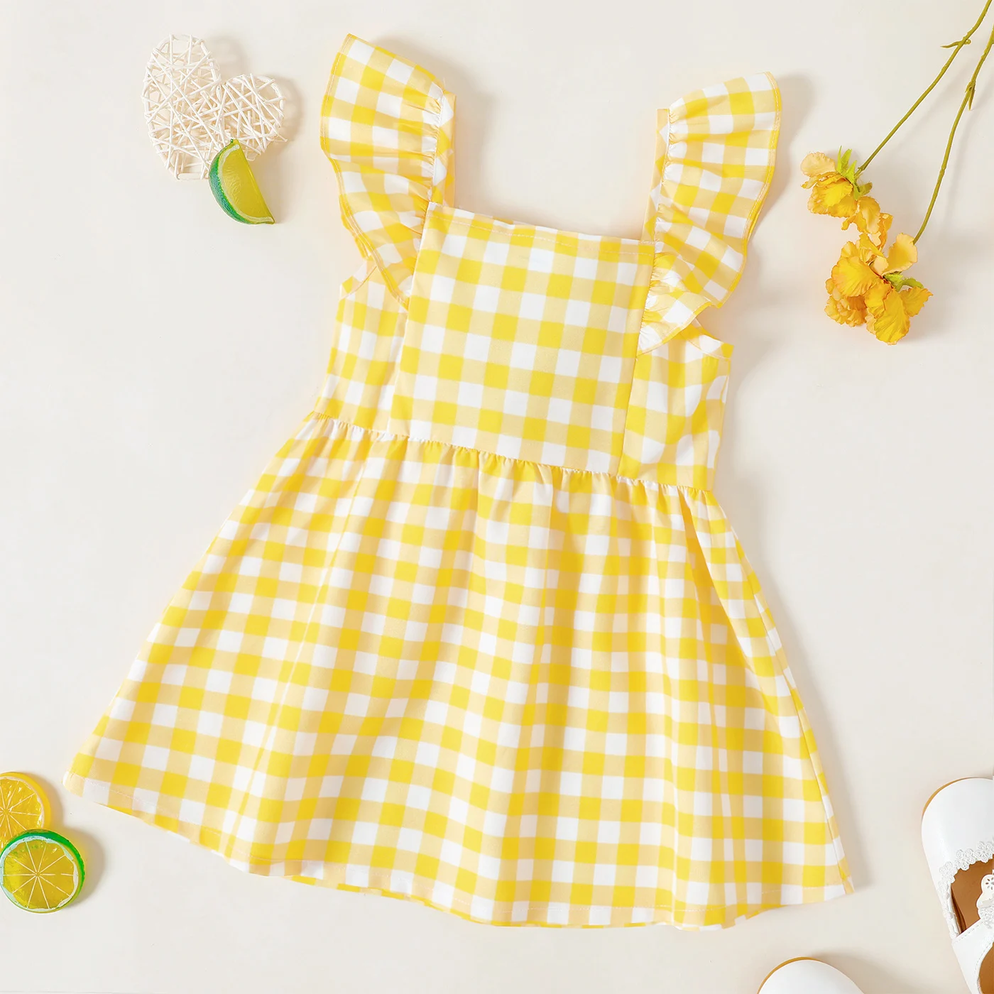 PatPat Toddler Girl Dresses Button Design Lemon Print/Plaid Flutter-sleeve Dress