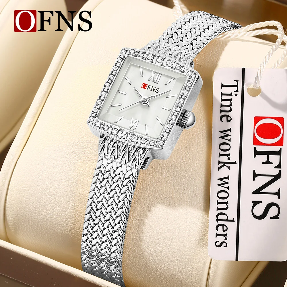 OFNS 1558 Relógio de quartzo feminino com cravejado de diamantes relógio de quartzo de luxo escala romana relógio feminino quadrado à prova d'água