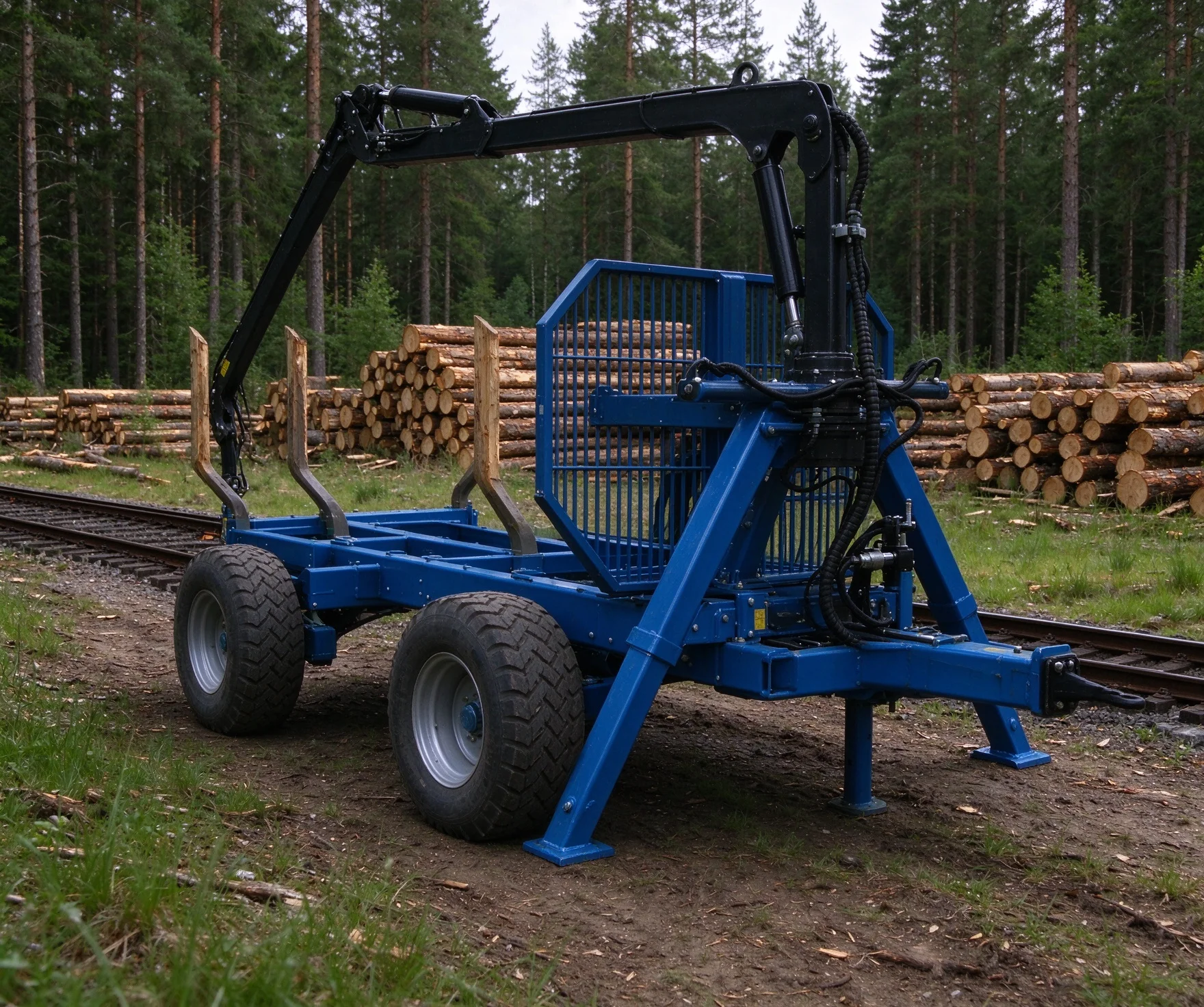 Timber Log Hauling Trailer with Self Loading Grapple Crane, 4 Large Tires for Forest Firewood Collection