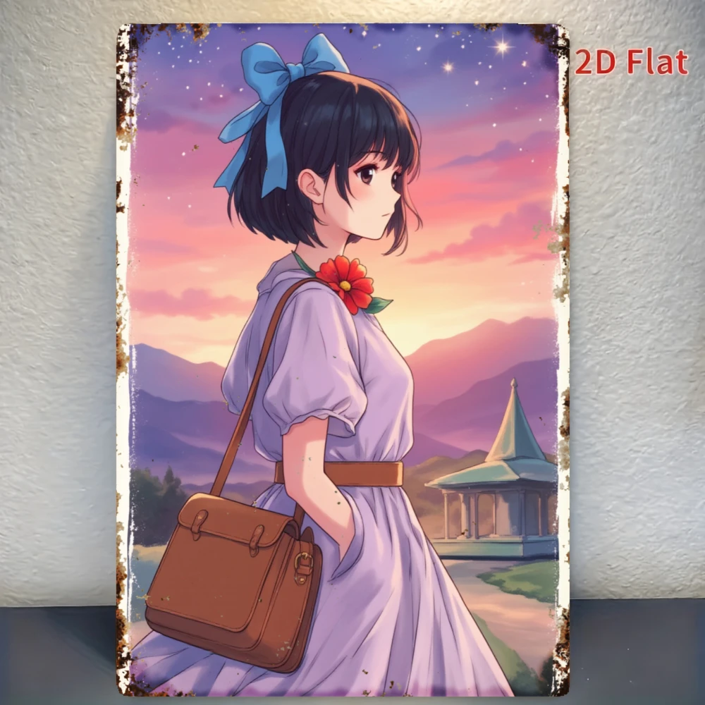 2D Flat Metal Decorative Hanging Sign, 1 Pack, Anime Girl Sunset Landscape Flower Bag Pattern, 2D Flat Home Decor Hanging Sign &