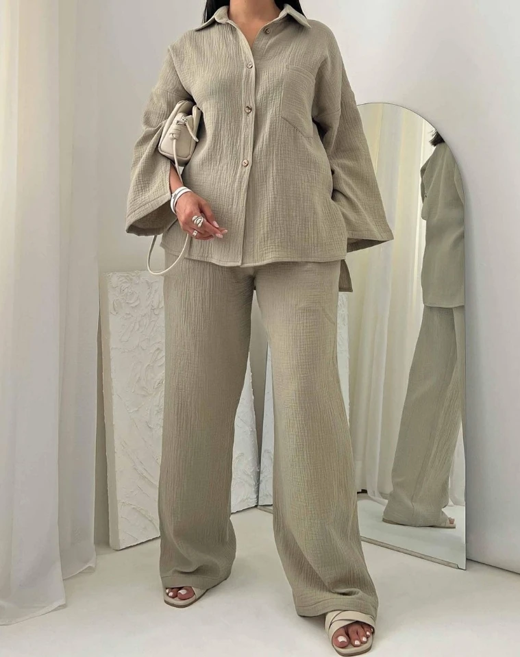 

Pants Set Women 2 Piece Spring Summer Wrinkled Fabric Casual Long Sleeved Shirt Wide Leg High Waisted Loose Commuting Pants Set