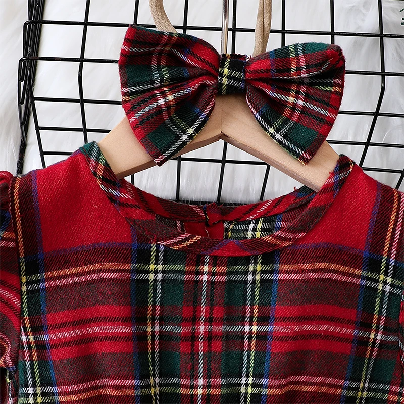 1-4T Kids Girls 2 Piece Outfits Christmas Plaid Print Tulle Princess Long Sleeve Dress Headband for Xmas Party Princess Clothes