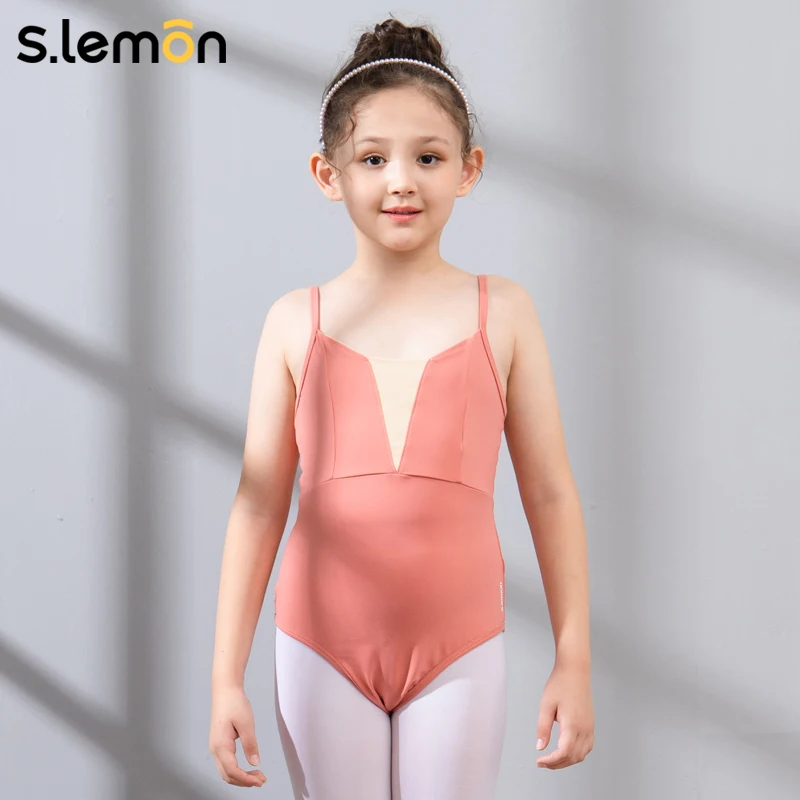 S.limon-leotardo de Ballet para niñas, traje de baile para niños, traje de entrenamiento de gimnasia empalmado frontal con tirantes finos de nailon para niños pequeños