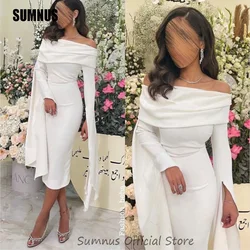 SUMNUS Elegant White Satin Arabic Evening Dresses Boat Neck Dubai Party Dress Flare Sleeves Tea Length Formal Occasions Gowns