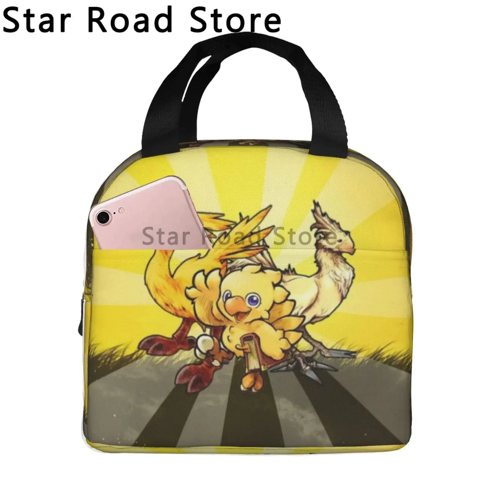 Chocobo Final Fantasy Bolsa de almoço com isolamento térmico feminina videogame portátil sacola de almoço para escritório armazenamento ao ar livre caixa de comida de refeição