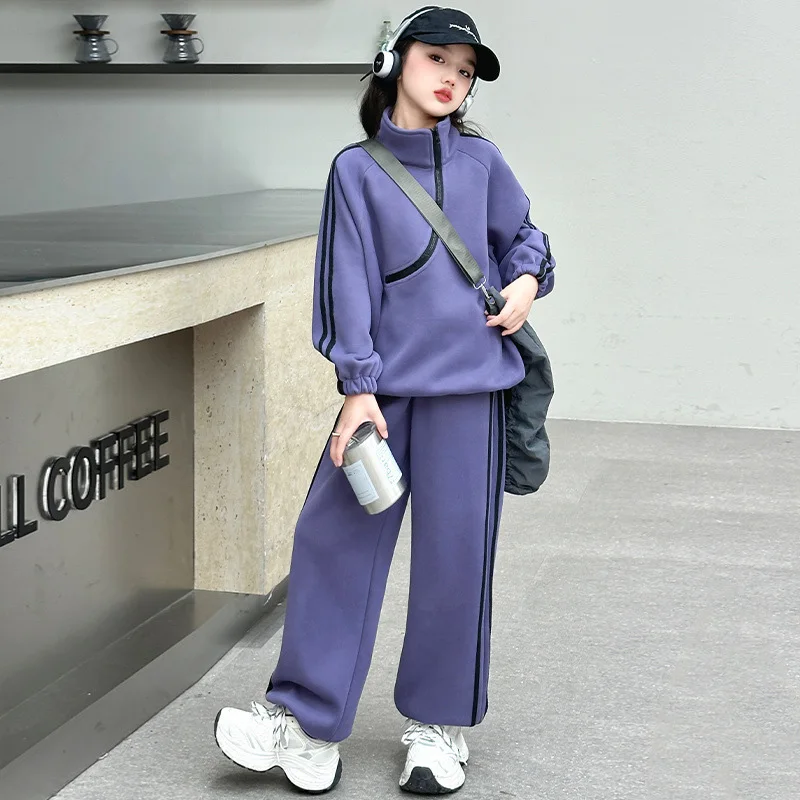 الأطفال الفتيات 2 قطعة دعوى الخريف الياقة المدورة البلوز مرونة الخصر Sweatpant 4-14Y الفتيات مجموعات مخطط مدرسة بنات رياضية