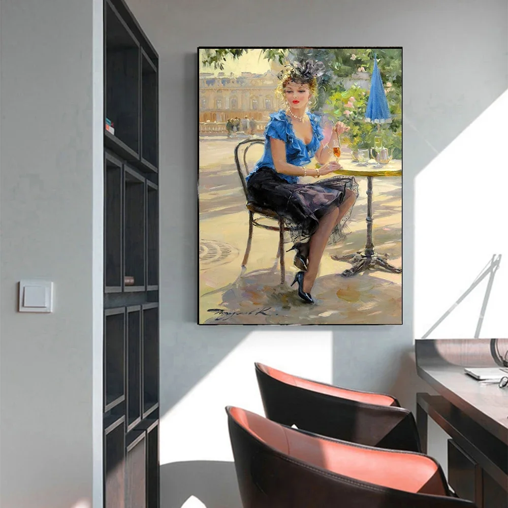 Konstantin Razumov《Fashionable lady wearing blue short shirt》Canvas Oil painting Art Poster Picture Decor Home Decoration