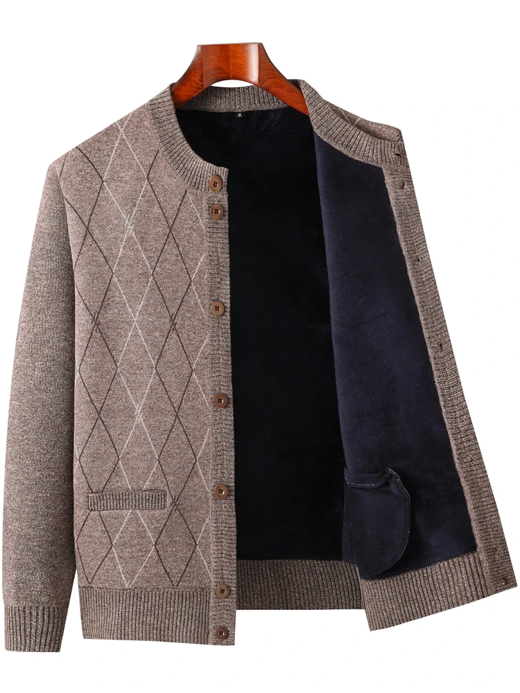 

Мужской вязаный кардиган с круглым вырезом, утепленный флисом, зимний, модный, повседневный, свободного кроя, с длинными рукавами, в стиле Dad Style