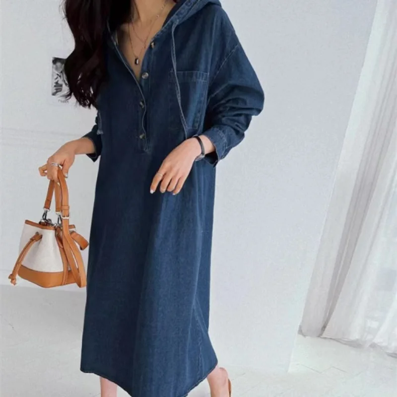 Korean Style Spring 2025 Long Sleeve Hooded Denim Dress Casual Max-Length Jeans Women\'s Fashion Robe Female Clothing K6206