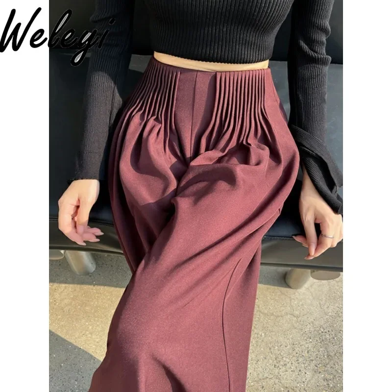 

Premium Pleated Ankara Red Straight Cargo Suit Pants 2025 Spring and Autumn New Elegant Drape High Waist Wide-leg Floor Trousers