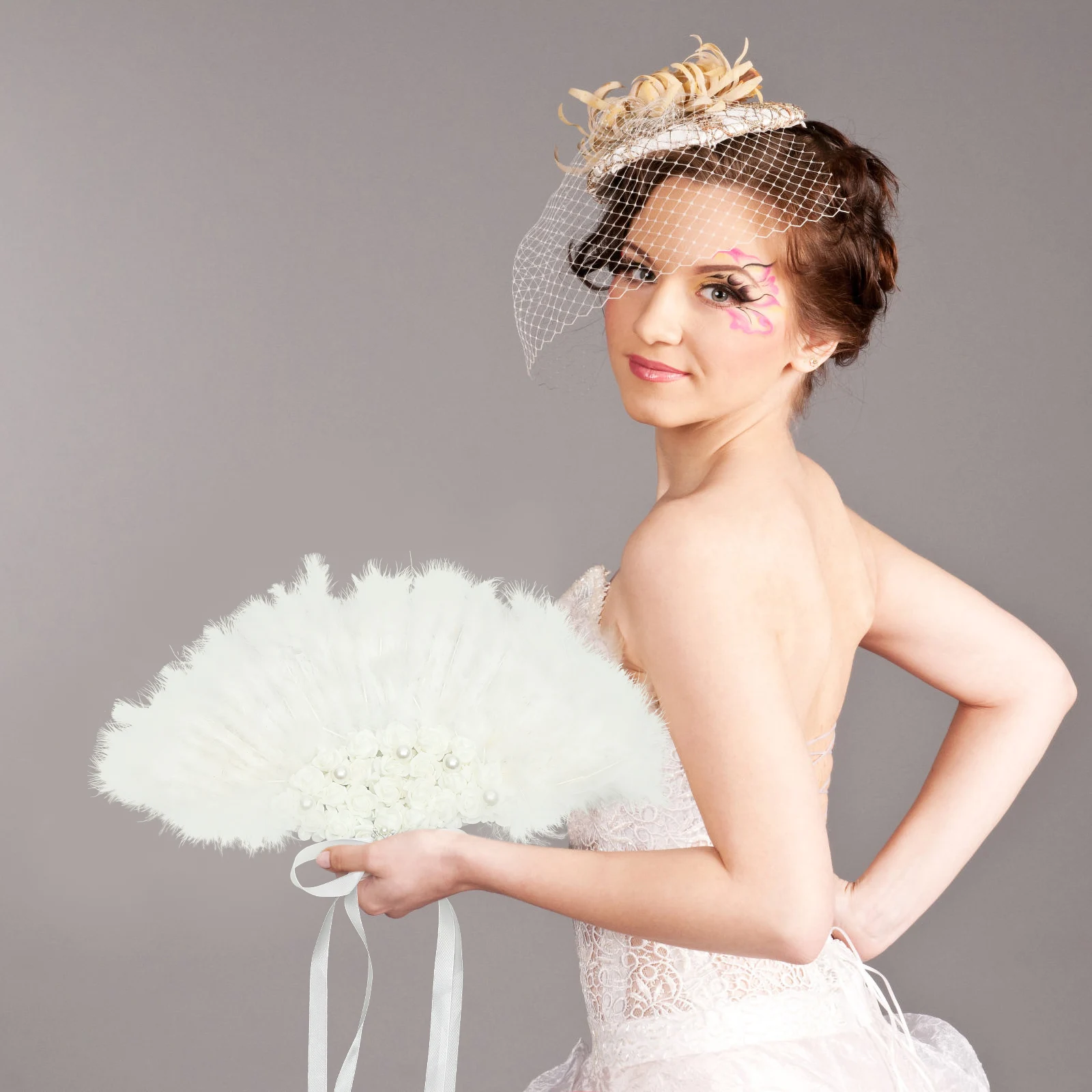 

Rose Fan Wedding Decorate Foldable Handheld Lace Fans Plume Flower Pattern Bridal Dancing Craft