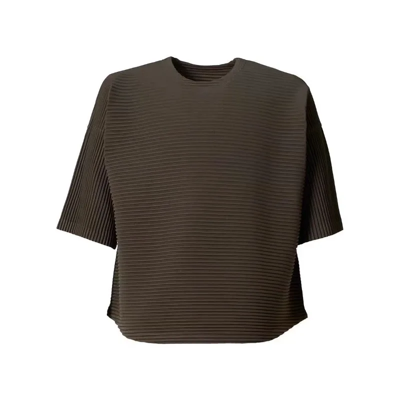 Pleated Loose T-Shirt Men 2026 Autumn New Round Neck Short Sleeve Men's Top Horizontal Striped Loose Casual Versatile T-Shirt