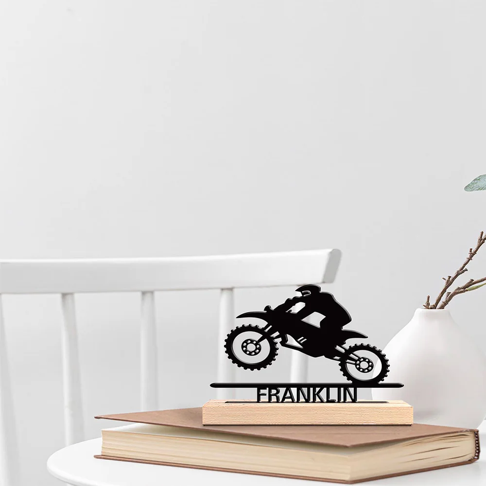 1pc Abstract Motorbike jumping Custom Name Metal Statue Tin Ornament Iron Sculpture With Wood Base Art Crafts With Wood Base
