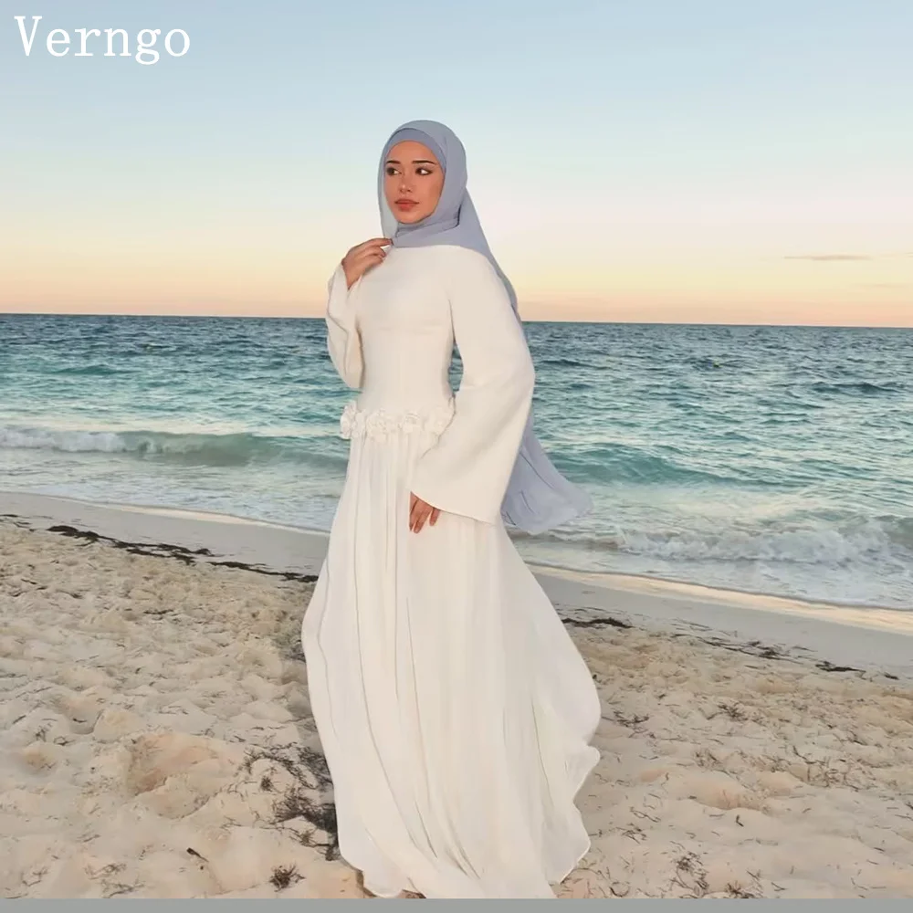 

Verngo White Muslim Wedding Dress 3D Flower Long Sleeve High Neck Chiffon Modest Dubai Arabic Evening Party Dress Customize