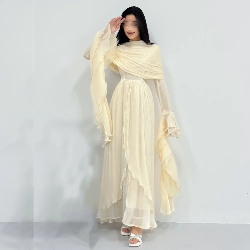 

Customized Elegant Long Sleeves Wedding Party Dress Pleat High Collar Classic Evening Dress A-line Zip Midi Dresses Simple