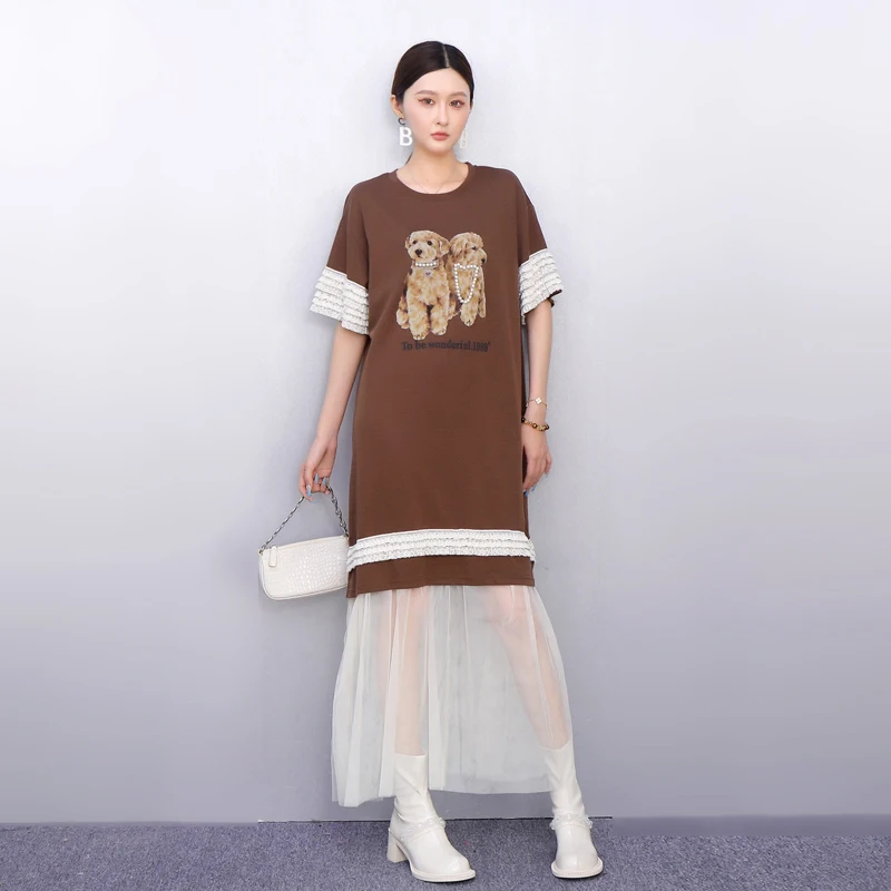 2025 sommer Neue Elegante Frauen Lose Oansatz Mesh Gedruckt T-shirts Lange Kleider Damen Kurzarm Kleid Großhandel J1228