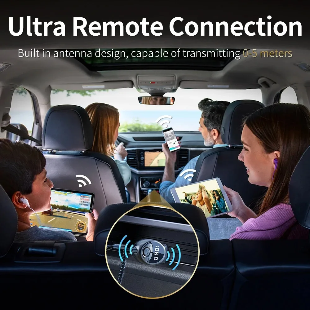 Receptor de áudio do carro FM com microfone, adaptador sem fio, Bluetooth 5.3, USB, 3,5mm AUX, chamada handsfree