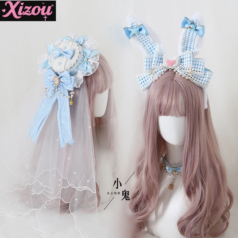 

Светло-голубая мечта ручной работы, милая и милая заколка с бантом, мягкая заколка для волос с заячьими ушками для девочек, аксессуары для волос Kc, повязка на голову в стиле Лолиты, оригинал для девочек