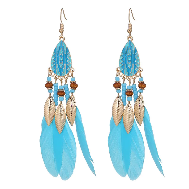 Böhmische lange Feder-Ohrringe für Frauen, klassische ethnische Retro-Temperament-Kette, Blatt-Perlen-Quasten-Ohrringe, Boho-Hochzeitsschmuck – Detail 33
