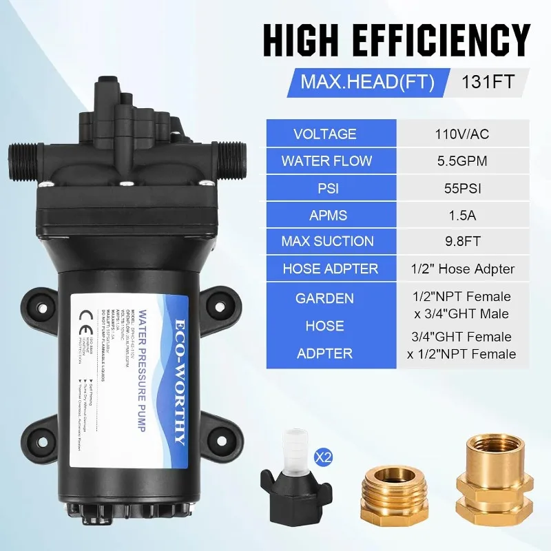 Industriële Waterdruk Membraanpomp 110V 5.5gpm 55psi On Demand Rv Zoetwaterpomp 110Volt Inclusief Tuinslang