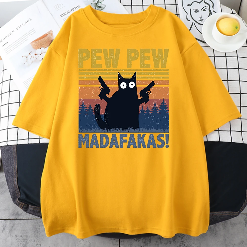 Pewmadafakas-男性用の黒の猫がプリントされたTシャツ,綿の衣類,個性的なヴィンテージのTシャツ,カジュアルなトレンド,半袖