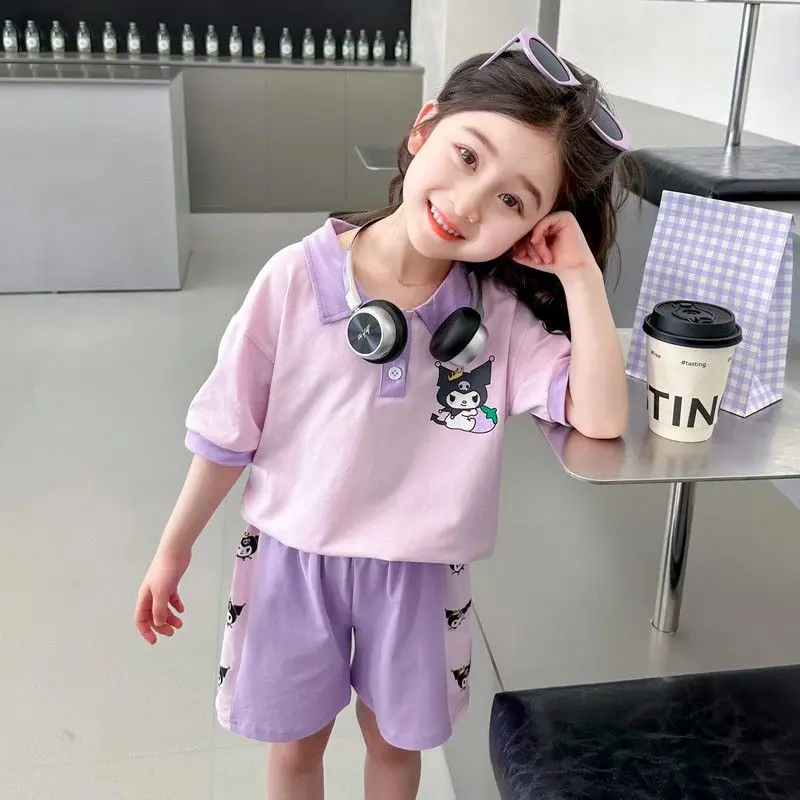 Anime Sanrios Summer Short-Sleeved Sportswear Kawaii Kuromi Children Fashion T-Shirt Shorts Two-Piece Set Casual Summer Clothes